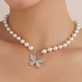 TseenYi Boho Pearl Choker Necklace Silver Butterfly Pendant Necklace Vintage Round Beads Necklace Pearl Ball Chain Necklace Butterfly Dangle Choker Jewellery for Women and Girls, Pearl, Pearl