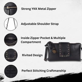 9.5 inch Genuine Italian Leather Boho Studded Crossbody Sling Bag - Stylish, Durable, & Perfect for Everyday Use for women (Black)