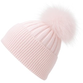 Pink Cashmere Beanie Hat for Women Winter Ribbed Knit Cuffed Beanie Skull Cap Hat with Real Fur Pom Pom Beanie Knit Ski Hat