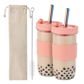 Amyoole 2 Pack Reusable Boba Cup, 24Oz Wide Mouth Smoothie Cup,mason Jar Glass Cups with Lids and Straws,Bubble/Boba Tea Cups,Ice Coffee Tumbler 2 colored straws 1 sponge brush(Pink)