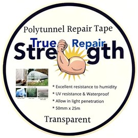 True strength repair waterproof polytunnel repair tape clear polythene super strong flexible long lasting seal for greenhouse polytunnel repair 50mm x 25m