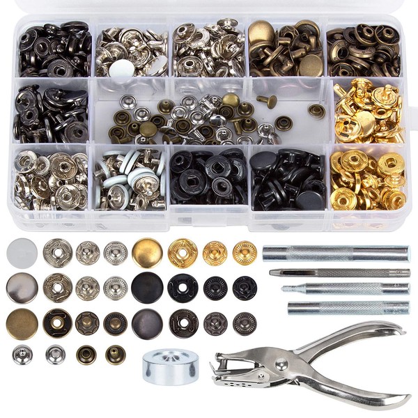 146 Set Snap Fasteners Kit + Leather Rivets, Snap Buttons Press Studs, Double Cap Rivet with Fixing Tools for Leather, Coat, Down Jacket, Jeans Wear, Bags, DIY Craft, Shoes, Belts Repair & Decoration
