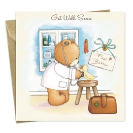 Twizler Popcorn The Bear Get Well Soon Card with Duck and Teddy Bear Doctor - Sorry Card – Cute Card – Sorry You’re Unwell Card – Get Better Soon Card – Feel Better Card