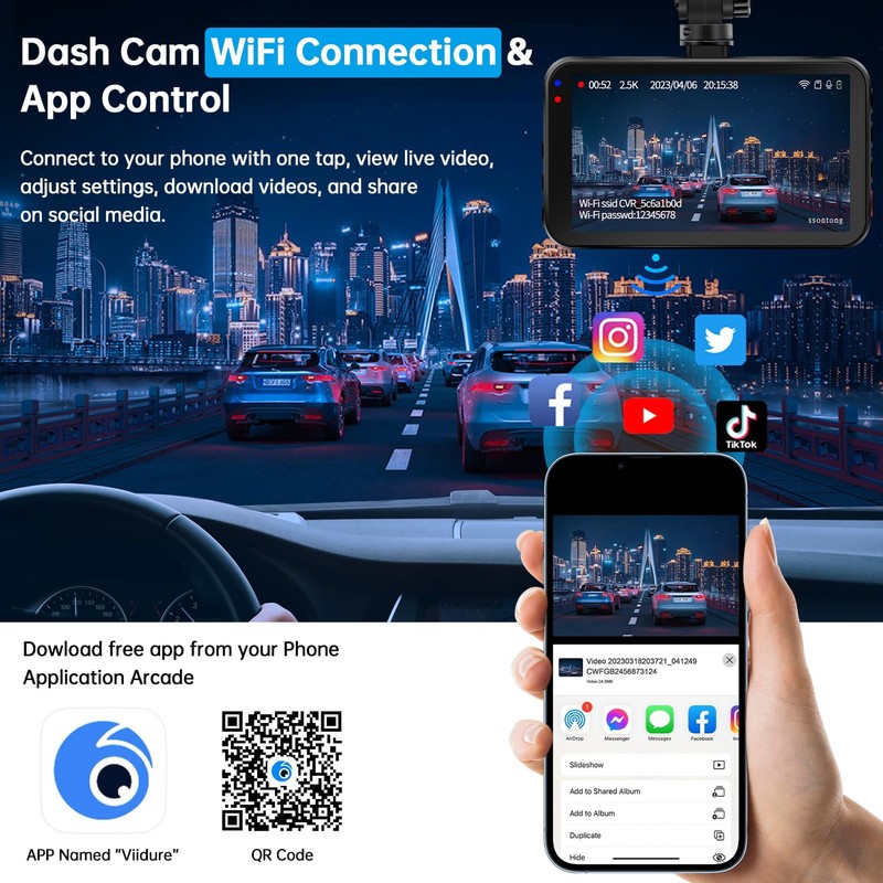 Dash Cam Front and Rear, Dashcam WiFi/APP Control Car Camera