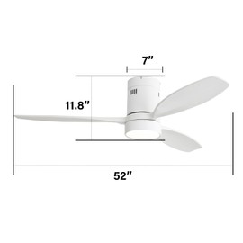 KEIKI 52 Inch Soild Wood Ceiling Fans, Indoor Modern Ceiling Fan with Lights & Remote, Outdoor Large Noiseless Flush Mount Fan for Bedroom, Kitchen & Patio, 6 Speed Reversible DC Motor, White