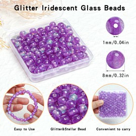 Soeoy 8 mm Round Glass Beads for Bracelets, 100 Pcs Purple Glitter Crystal Loose Beads for Jewelry Making, Earring, Necklaces and DIY Crafts