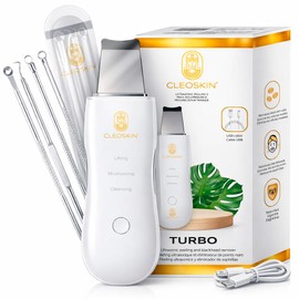 CLEOSKIN. Espátula Peeling Ultrasónico para remover espinillas y puntos negros. Incluye 2 fundas de silicona para limpieza facial y 4 agujas de acero para espinillas