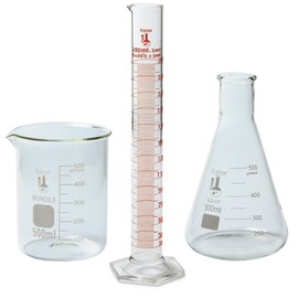 Beaker, Flask, and Cylinder Set, 3.3 Boro. Glass - 3 Pieces - 500ml Beaker, 500ml Flask and 250ml Cylinder, Karter Scientific 233Q2