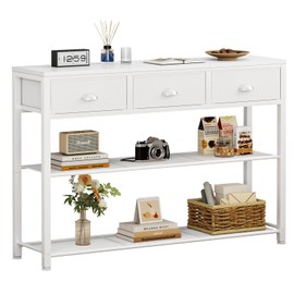 Furologee White Entryway Table, 38'' Console Sofa Table with 3 Fabric Drawers, Industrial Entry Way Table with Storage Shelves, Display Shelf for Living Room, Hallway, Entrance, Foyer