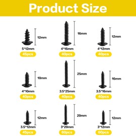 Pack of 400 M3 M3.5 M4 M5 Self Tapping Screws Black Screws Pan Head Screws Flat Head Screws Wood Screws Metal Screws