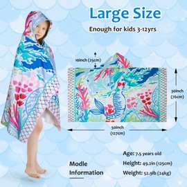 Girls' Hooded Bath Towel, Oversized 50" L x 30" W for Ages 3 to 12 Kids, Quick Dry Lightweight Soft Microfiber Hood Beach Towel Cover Up, Mermaid Theme -1Pack