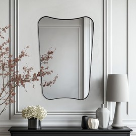 MIRRORART Black Bathroom Mirror, Black Mirrors for Wall, Matte Black Asymmetrical Mirrors, 22x30 Irregular Shaped Mirror, Unique Wall Mirror with Rounded Corner, Metal Framed Squiggly Mirror