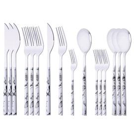 Uniturcky Juego de cubiertos de 16 piezas con tenedor de postre, juego de cubiertos de acero inoxidable para 4, juego de utensilios de vajilla con acabado espejo, mango de textura de mármol, incluye cuchara, tenedor y cuchillo (blanco y plateado)