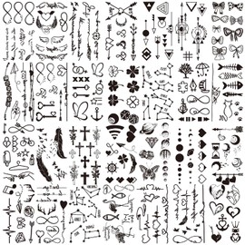 Oottati 28 Sheets 100+ pcs Minimalism Line Art Small Black Temporary Tattoo, Heart Arrow Butterfly Cross Feather Key Suit for Finger Hand Neck Face