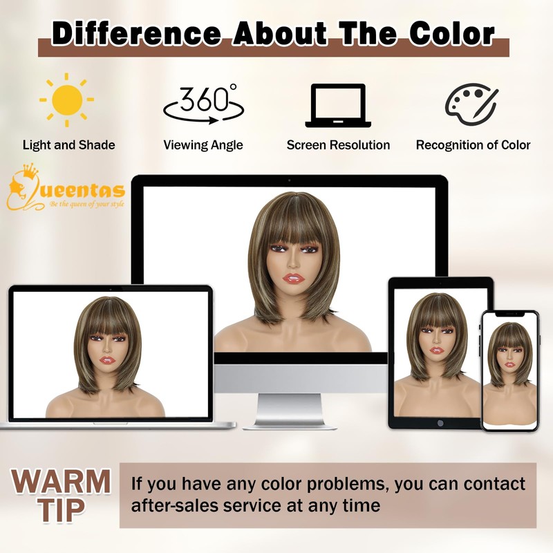 QUEENTAS Peluca Corta Marrón Estilo Bob Para Mujer, Recta Hasta