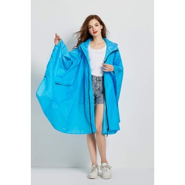 Womens Rain Poncho Stylish Polyester Waterproof Raincoat Free Size with Hood Zipper (C Baby Blue)