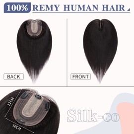 Silk-co Hair Topper Real Hair, 10 x 12 cm Base Toupee Women, Hair Topper Real Hair with Remy Silk Base, Hair Topper Clip-In Hairpiece Extensions, 45 cm1B# Natural Black
