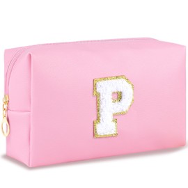 URSKYTOUS - Bolsa de maquillaje con inicial para mujer, bolsa de cosméticos grande, bonita bolsa de maquillaje rosa para cartera, bolsa de aseo con cierre, organizador de piel sintética, brochas de