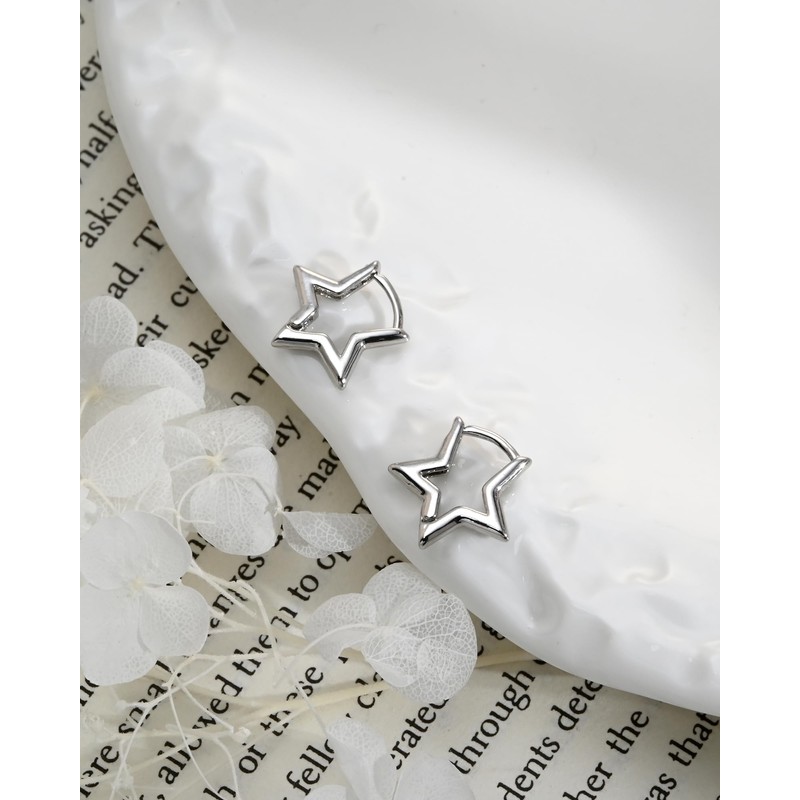 Desnuage Silver Star Huggie Earrings Hypoallergenic Minimalist Hoop Earrings Everyday