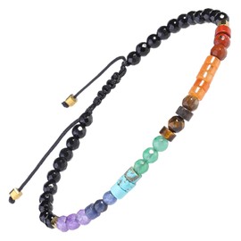 mookaitedecor Love Morse Code 7 Chakra Black Obsidian Healing Crystal Stone Bracelet for Women Men, 4mm Flat Small Bead Semi Precious Stone Yoga Bracelet Jewellery Adjustable Reiki Energy Healing
