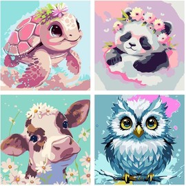 Lolipony Pack of 4 Animals Painting by Numbers from 5 6 7 Years Girls with Frame, Elephant Owl Giraffe Zebra Painting by Numbers for Children Acrylic Paints with as a Gift 20 x 20 cm