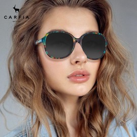 Carfia Large Curved Acetate Polarized Sunglasses for Women UV Protection, Retro Turquoise Ladies Shade Driving Safety Eyewear