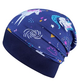 Wollhuhn Eco Lightweight Girls/Boys Beanie Hat Cuffs Elastic Transition Period Summer Children's Hat Cotton (Eco Fabrics, Organic) 22222235, Unicorns Dark Blue