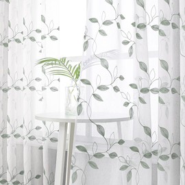 Tollpiz Sage Green Leaf Sheer Curtains Leaves Embroidered Living Room Curtain Rod Pocket Voile Window Treatments for Bedroom, 54 x 63 inches Long, Set of 2 Panels