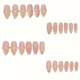 24Pcs Medium Almond Shaped Press on Nails 3D Flowers Pearl Designs Fake Nails Handmade Press on Nails Embossed Floral False Nails Pink Glossy Gradient Acrylic Nails Full Cover Stick on Nails for Women
