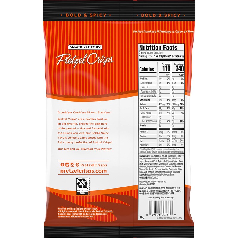 Snack Factory Pretzel Crisps, Buffalo Wing, On-the-Go Bag, 3 Oz