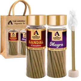 The Aroma Factory Organic Bamboo-Less Incense Sticks (Sandalwood, Mogra) No Charcoal | Non Toxic | Aromatic Fragrance Dhoopbattis | Exotic Combo of 2 Jar x 100Gram | Jute Gift Set with Wooden Holder