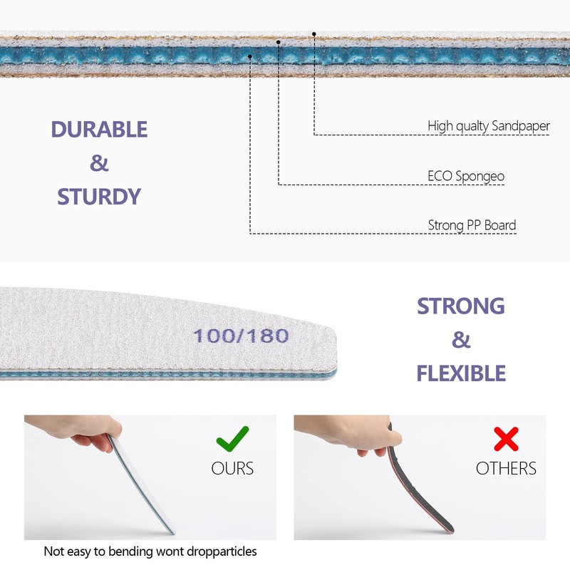 25 Pcs Nail Files 100/180 Grit Double Sides Washable Fingernail