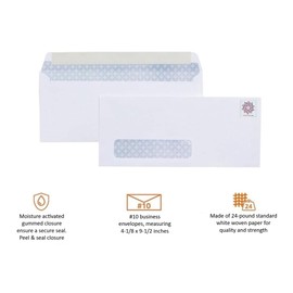 100 Forever Stamped Envelopes #10 Security-Tinted Self-Seal Business Envelopes with Left Window, (4-1/8 x 9-1/2 inch) (Postage Stamp Design Varies) Peel & Seal Closure, White
