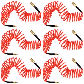 Flutesan 6 Pack 1/4 in x 25 ft Polyurethane Recoil Air Hose Air Compressor Hose Flexible Coil Line with Bend Restrictor 1/4" Industrial Quick Coupler and Plug for Household Garage Station(Orange)