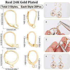 SUNNYCLUE 1 Box 60Pcs 3 Styles Real 24K Gold Plated Earring Hooks Stainless Steel Leverback Earrings French Ear Wire Round Lever Back Earwires Findings for Jewelry Making Earring Supplies DIY Crafts
