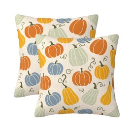 Fall Pillow Covers 18x18 Inch Set of 2 Thanksgiving Orange Yellow Blue Pumpkins Decorative Throw Pillows Autumn Colorful Outdoor Farmhouse Decor Cushion Covers for Sofa Bed Couch Living Room