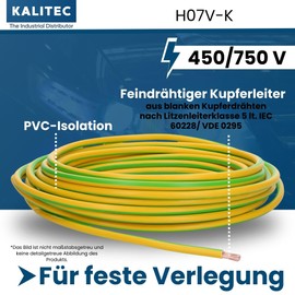 Kalitec 2 Metres H07V-K 10 mm² Green/Yellow Wiring Cable I Flexible Core Cable I Ground Cable I Protective Conductor 10 mm2 I Stranded PVC Single Wire I Wiring Fine-Strand I Single Cable I Switch Wire