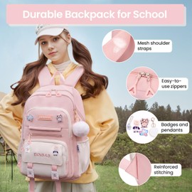 Tanou School Backpacks for Girls, 20 Liters Kawaii Girls School Bag with Pendant, Lightweight Nylon Childrens Backpack for Primary Junior School, Pink
