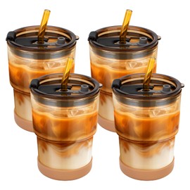 Zukro 13 oz/400ml Glass Iced Coffee Cups with Lids and Straw| Leakproof Reusable Cute Thick Wall Glass Coffee Tumbler With Silicone Boot for Water, Matcha, Juice, Smoothie| 4 Pack| Amber
