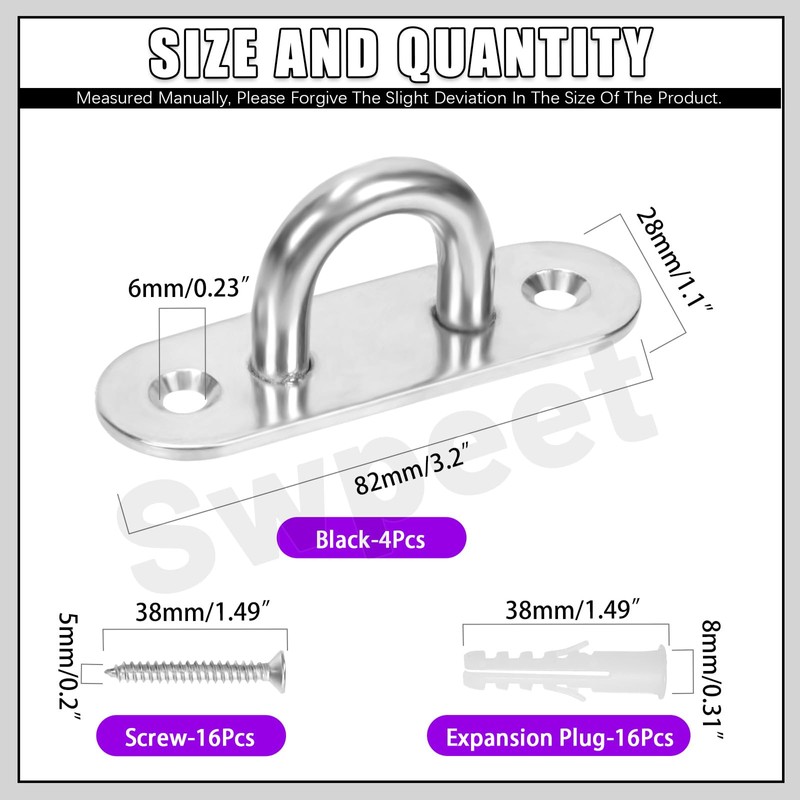 Swpeet 4Pcs M8 304 Stainless Steel Silver Oval Pad Eye