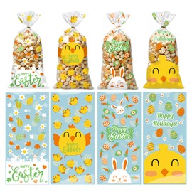 Totelux Easter Cellophane Goodie Bags Clear Plastic Bag Chick Rabbit Carrot Treat Bags with Ties for Cookies Candy Gift Wrapping Holiday Easter Party Favor Supplies Yellow 50PCS