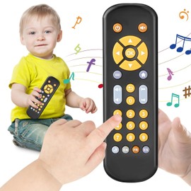 Baby TV Remote Control Toy with Light and Sound, Toddler Realistic Controller with 3 Languages, Early Educational Learning Musical Toys, Preschool Infant Boys Girls 6, 12, 18 Months (Black)