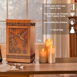Wooden Urn for Ashes Adult Male Female, Handcrafted Large Cremation Urns Box for Human Ashes Adult Man Woman, Memorial Decorative Funeral Urn with Hummingbird Carvings, with Velvet Bag