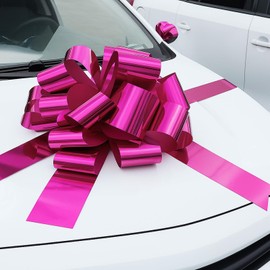 Big Car Bow Glossy Pink Red, 20 inch Round Shape Present Cars Bows, Birthday Bow, Giant Bow for Cars Decor New Houses Present Wrapping Decor DIY