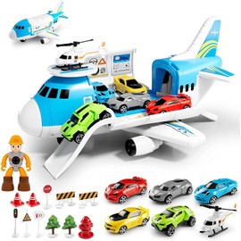 Airplane Toy Set Transport Cargo Plane Play Toy for 3 4 5 6 Years Old Boys Girls Kids,Aircraft Vehicle Toys with 5 Mini Cars,Helicopter and Construction Worker