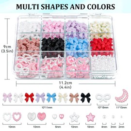 Nayyana 500-teiliges Set aus 3D-Nagelanhängern und Perlen mit flacher Rückseite, 8 Farben Nagelschleifen-Anhänger, Stern-Herz-Mond, niedliche Nageljuwelen für Nagelkunst-DIY-Dekoration