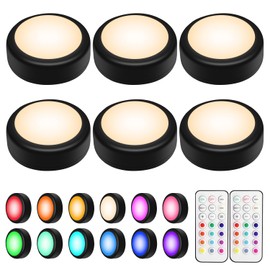 BLS LED Puck Lights with Remote Control, 13 Color Changing Under Cabinet Lighting Wireless, Push Battery Operated Night Light, Tap Battery Powered Stick on for Closet,Kitchen,Stairs,Step, Black 6 Pack