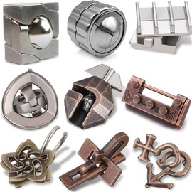 Wettarn 9 Pcs Metal Brain Teaser Puzzles Teaser 3D Steel Puzzle for Adults Unlock Interlocking Games IQ Education Smart Logic Test Toys for Adults Mind Challenge(Educational Style)