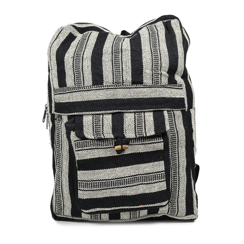 Handwoven Nepalese Front Pocket Hippy Style Cotton Backpack (Black &