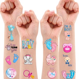 100 PCS Gender Reveal Temporary Tattoos Themed Birthday Party Decorations Favors Supplies Decor Baby Boy Or Girl Pink And Blue Tattoo Stickers Gifts For Game Kids Boys Girls Classroom School Prizes